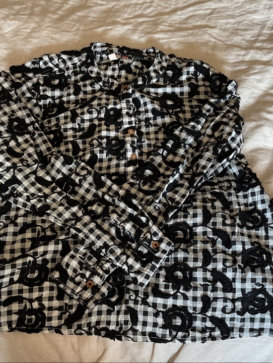Pilcro Tops - Pilcro Black and White Gingham Top with Floral Embroidery